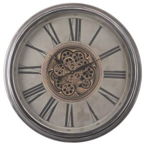 TQ-Y691 : D82.5cm Round French Country Exposed Gear Movement Wall Clock - Silver washed w/natural **SOLDOUT UNTIL FURTHER NOTICE**