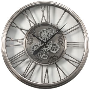 TQ-Y725 : D86cm Round Greenwich Iron Industrial Exposed Gear Movement Wall Clock - Silver wash 