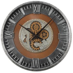TQ-Y726 : D80cm Antique SpinTime Round Industrial Exposed Gear Movement Wall Clock - Silver w/Gold 