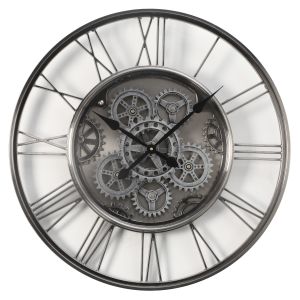TQ-Y727 : D62cm Round Greenwich Iron Industrial Exposed Gear Movement Wall Clock - Silver wash **SOLDOUT - DISCONTINUED**
