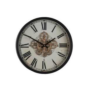 TQ-Y734 : D46cm Round Compass exposed movement gear wall clock - Black w/Natural