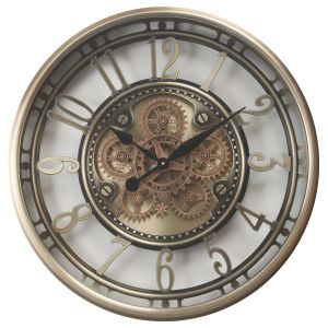 TQ-Y799 : D70cm Round Maurice Industrial Exposed Gear Movement Wall Clock - Silver w/Brass wash