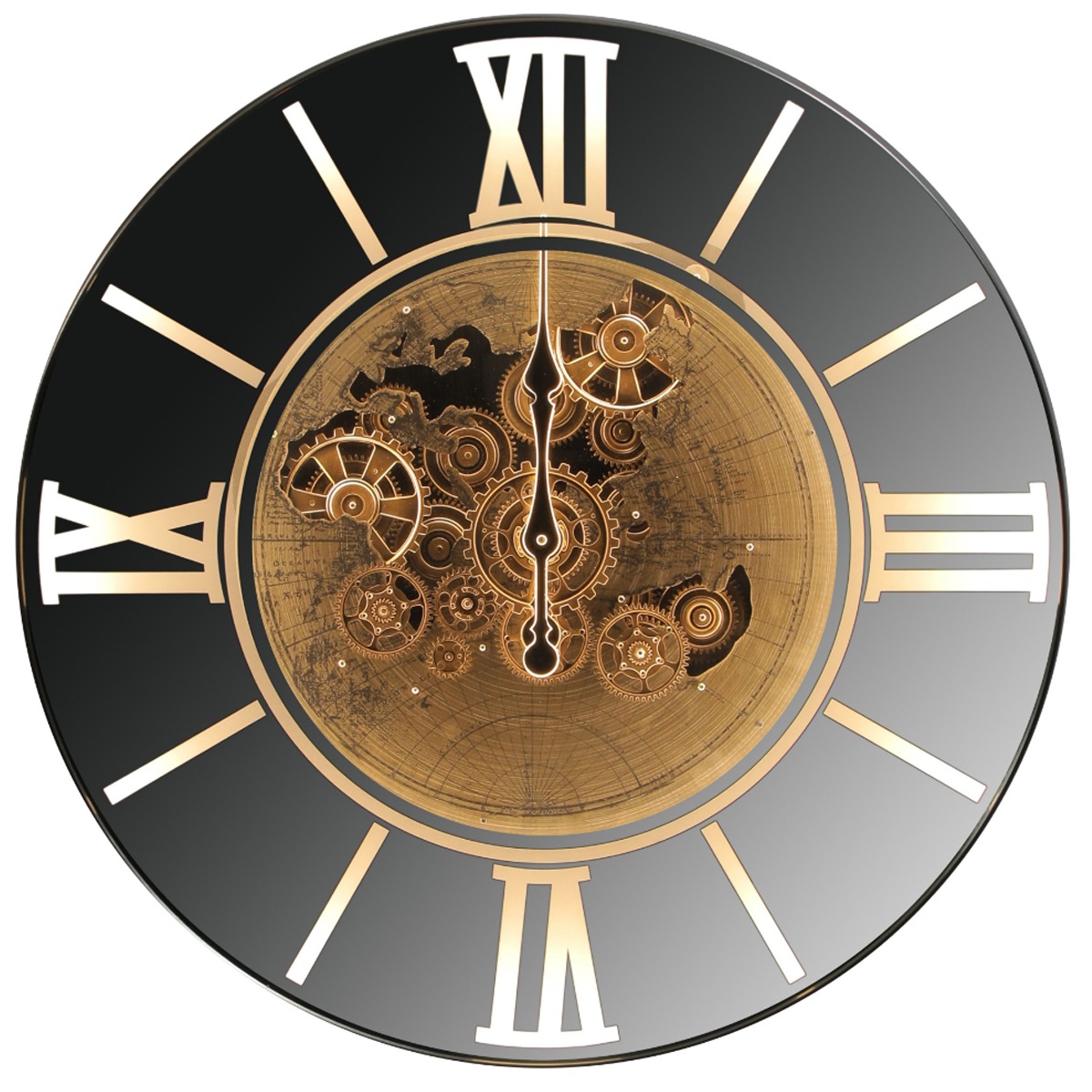 LED Remote D80cm Round Marco Map Industrial moving cogs wall clock - Silver Mirrored