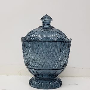 gcc40-BD : Harrod crystal glass jar w/ footed stem diamond embossed pattern - Classic Blue 