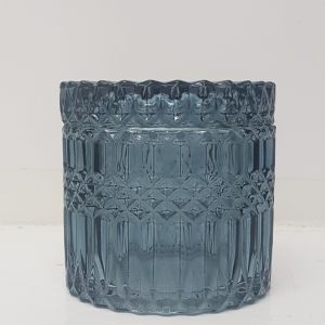 gcc1708-BD : Large Salah embossed cylindrical glass jar - Classic Blue (NOT DISHWASHER SAFE) 