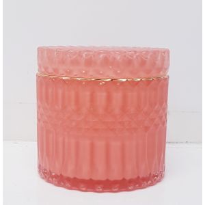 gcc1708G-CO : Large Salah Gold embossed cylindrical glass jar - Coral (NOT DISHWASHER SAFE) 