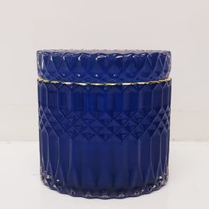 gcc1708G-BR : Large Salah Gold embossed cylindrical glass jar - Royal Blue (NOT DISHWASHER SAFE) 
