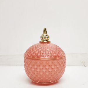 GCC50-CO : Emma Gold Round embossed trinket glass jar - Coral  (NOT DISHWASHER SAFE, use damp cloth ONLY)