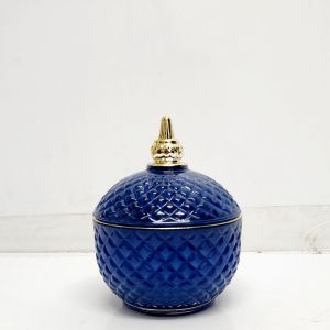 GCC50-BR : Emma Gold Round embossed trinket glass jar - Royal Blue  (NOT DISHWASHER SAFE, use damp cloth ONLY) 