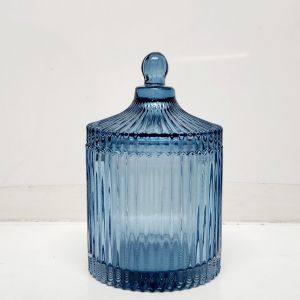 gcc14GL-BU : Large Ribbed Verona round ribbed glass jar - Opaque Blue 