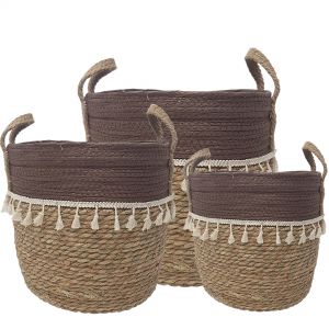 MJ-01WLC : set/3 Trish V-shape basket with tassles - 2-tone - natural / chocolate