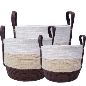 MJ-03WL : set/3 Venus tri-color round storage basket (plastic lined) w/handles - Chocolate/white/beige  