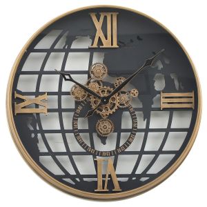 D80cm Round Atlas Globe Industrial moving cogs wall clock - Black w/Gold