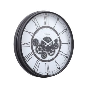 TQ-Y671-1 : D54cm Round London Modern Exposed Gear Movement Wall Clock - Black w/ white **SECOND - SCRATCH/DINT**