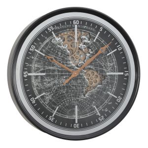 TQ-Y728 : D60cm Round Atlas Western Hemisphere Exposed Gear Movement Wall Clock - Black