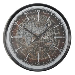 TQ-Y729 : D60cm Round Atlas Eastern Hemisphere Exposed Gear Movement Wall Clock - Black **SOLDOUT UNTIL FURTHER NOTICE**