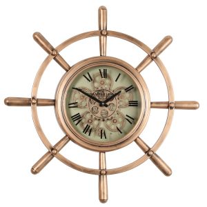 TQ-Y743 : D65cm Round Nautical Steering Wheel Exposed Gear Movement Wall Clock -  - Rose Gold Copper 